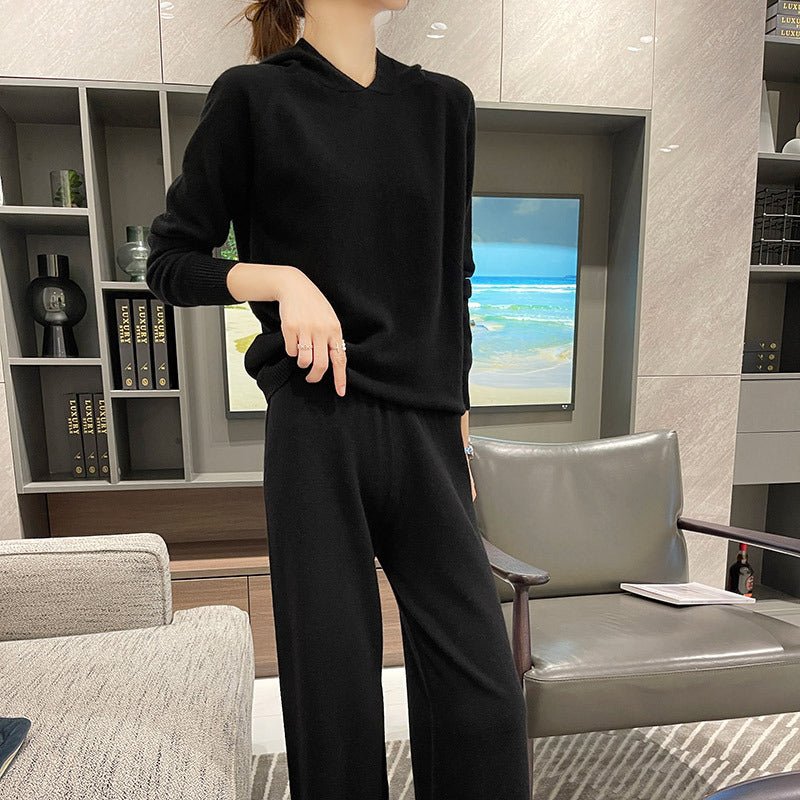 Hooded Loose Top & Knitted Wide Leg Pants