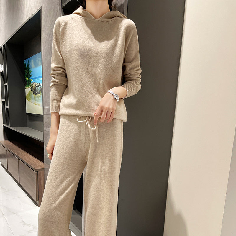 Hooded Loose Top & Knitted Wide Leg Pants