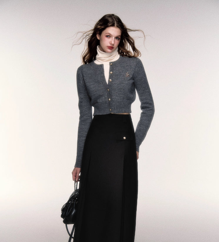 Short Round Neck Wool Cardigan Coat