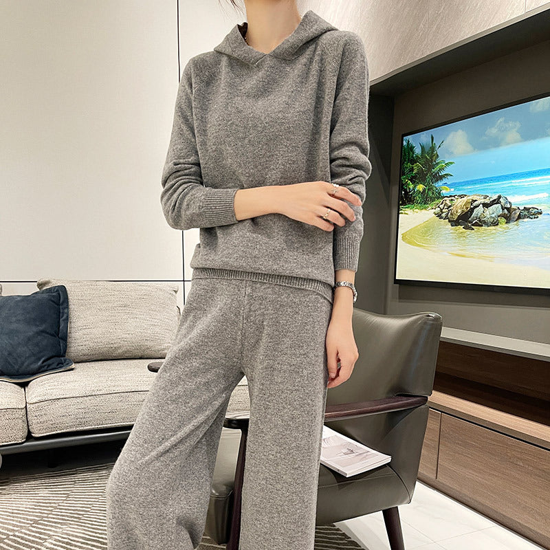 Hooded Loose Top & Knitted Wide Leg Pants