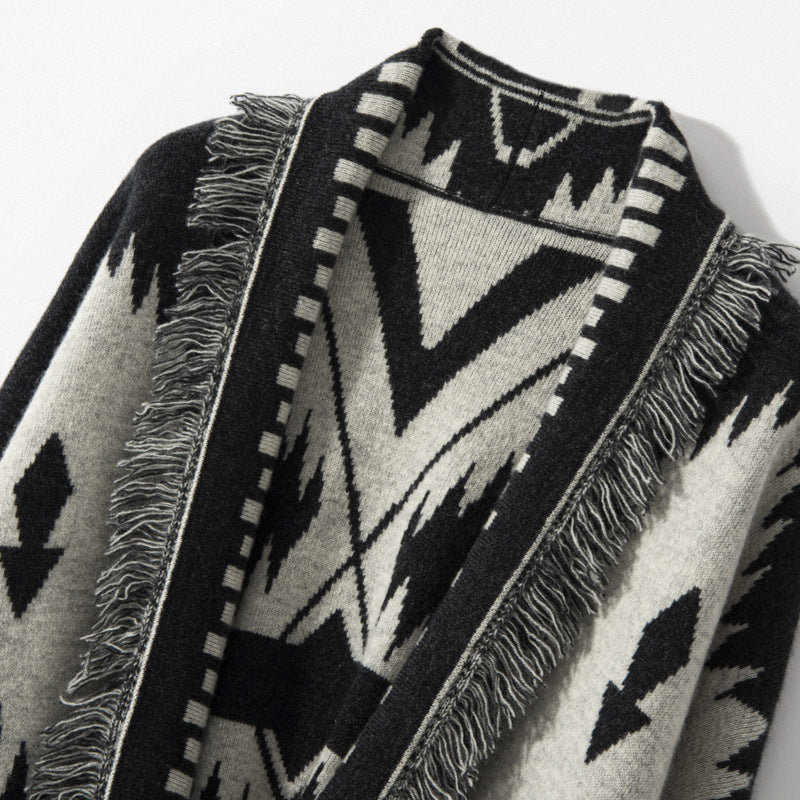 Vintage Jacquard Tassel Cardigan