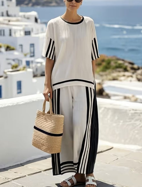 Loose Slit Contrast Striped Pants Set