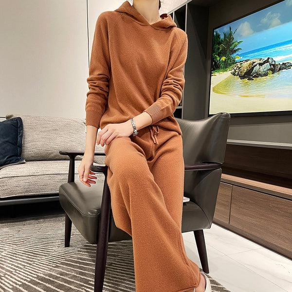 Hooded Loose Top & Knitted Wide Leg Pants