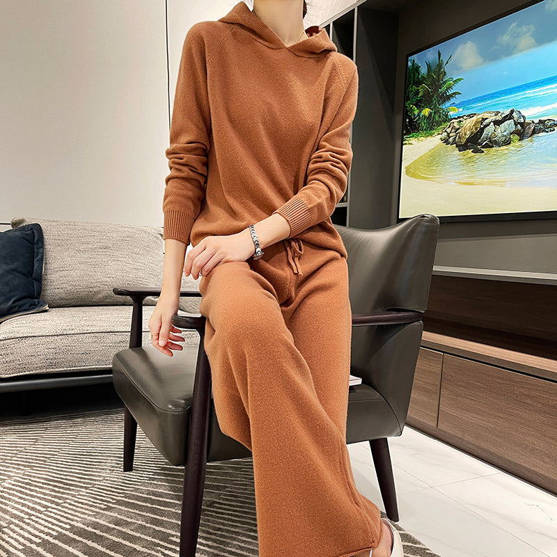 Hooded Loose Top & Knitted Wide Leg Pants