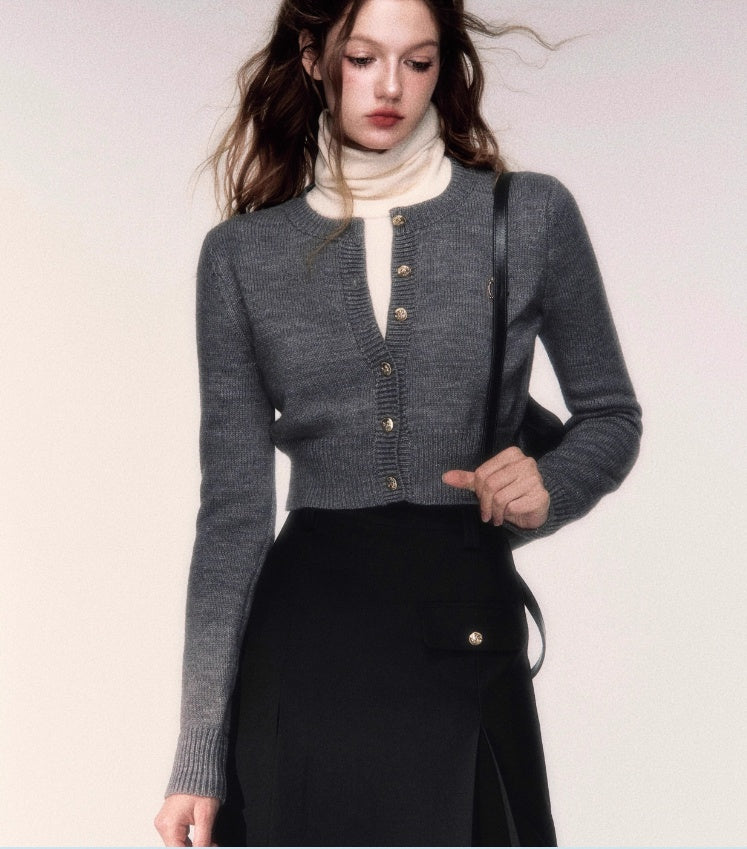 Short Round Neck Wool Cardigan Coat
