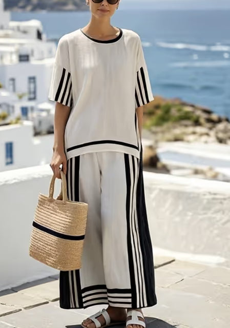 Loose Slit Contrast Striped Pants Set