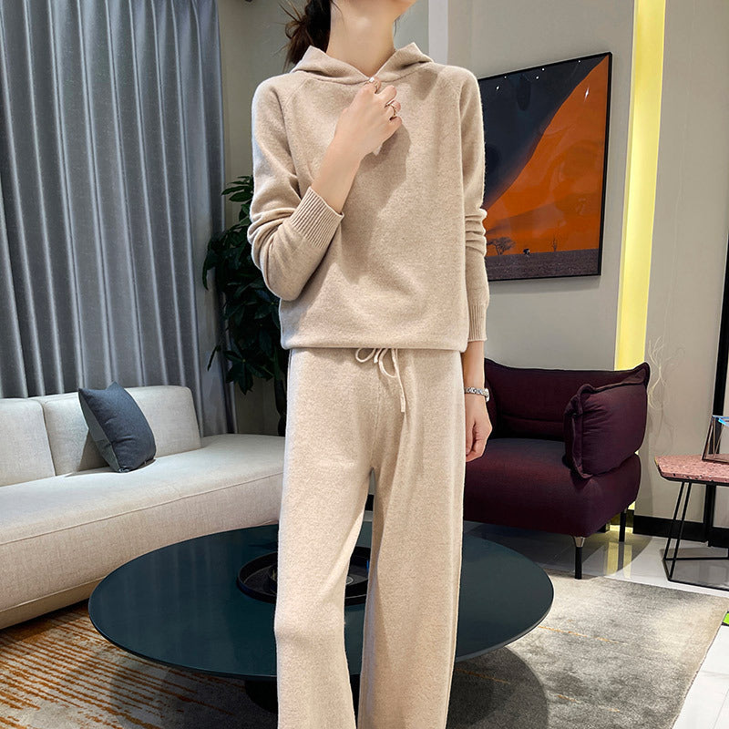 Hooded Loose Top & Knitted Wide Leg Pants
