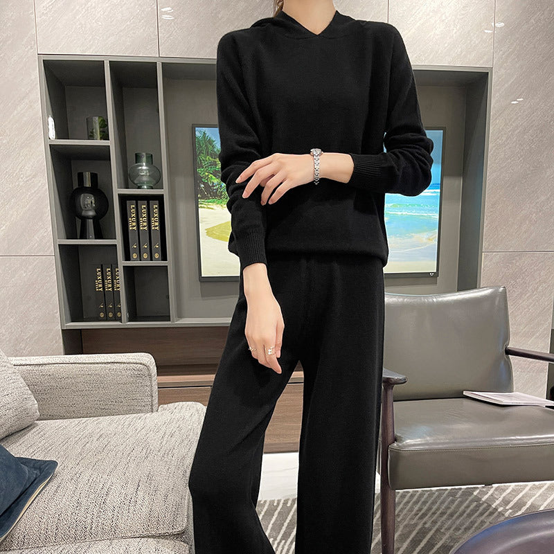 Hooded Loose Top & Knitted Wide Leg Pants