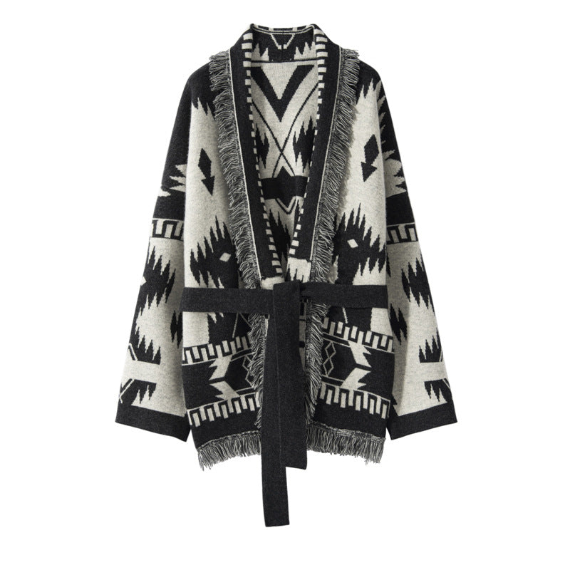 Vintage Jacquard Tassel Cardigan